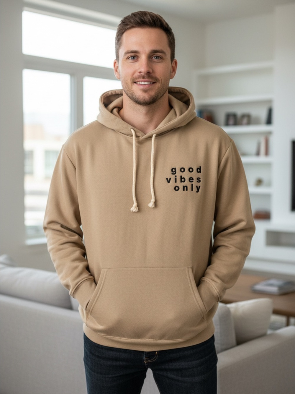 Good Vibes Only Men's Hoodie Sweatshirt - Tan
